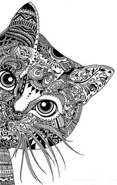 a black and white drawing of a cat with intricate designs on it's face