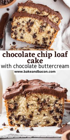 chocolate chip loaf cake with chocolate buttercream frosting is cut in half and served on a white plate