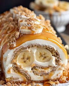 a dessert with bananas and caramel drizzled on top