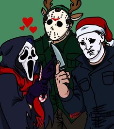 three people wearing masks with one holding a knife