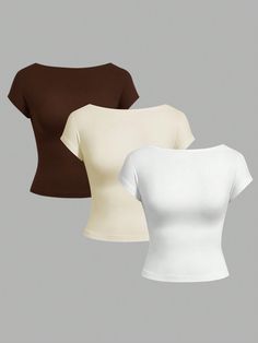 3pcs/Set Sexy Casual Simple Round Neck Short Sleeve Hollow Out Fitted Women T-Shirt, Summer Multicolor Sexy  Short Sleeve Knitted Fabric Plain  Slight Stretch  Women Clothing, size features are:Bust: ,Length: ,Sleeve Length: Korean Shirts Women, Short Shein, Shein Shirts, Shirt With Sleeves, Korean Shirts, Cute Summer Shirts, Simple Style Outfits, Best Friend Outfits, Fitted Shirts