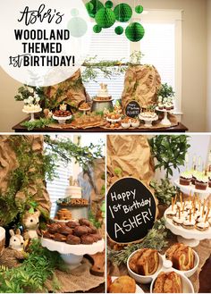 a table filled with lots of food and desserts next to a sign that says happy birthday