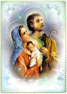 an image of jesus holding a baby in his arms with snowflakes around him