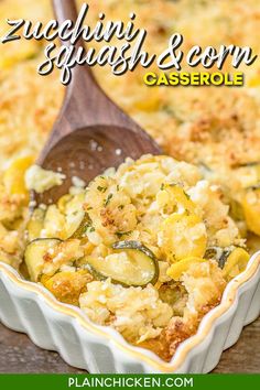 zucchini and corn casserole in a white dish with a wooden spoon