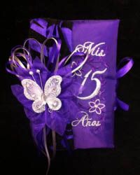 a purple wedding card with a butterfly on it and the number 15 in white lettering