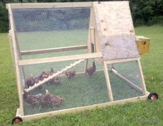 several chickens in a chicken coop on the grass