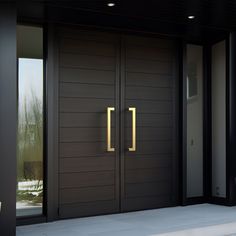 the front door to a modern home with two large doors and one small entryway