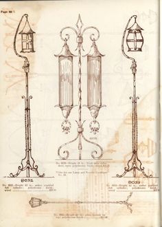 an old book with drawings of street lamps