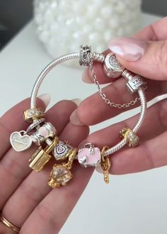 silver and gold charms mixed metal pandora bracelt Disney Pandora Bracelet, No Ordinary Girl, Girly Bracelets, Silver Pandora Charms, Pandora Bracelet Silver, Mixed Metal Bracelets