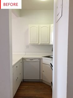 an empty kitchen with white cabinets and wood floors