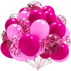 a bunch of pink and white balloons with confetti on them