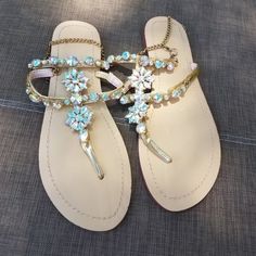 Beautiful Jewel Sandals With Chain Clasp. Never Used. Vacation Sandals With Chain Strap And Round Toe, Vacation Sandals With Chain Strap, Summer Sandals With Chain Strap And Open Toe, Summer Sandals With Ankle Strap And Chain Detail, Flat Sandals With Chain Strap For Beach, Summer Ankle Strap Sandals With Chain Strap, Beach Sandals With Chain Strap For Summer, Chic Beach Sandals With Chain Strap, Summer Vacation Sandals With Chain Strap