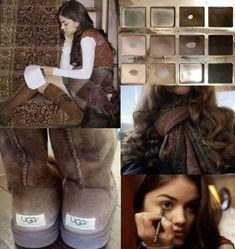 a collage of photos with different women's shoes and makeup products in them