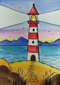 a painting of a lighthouse on the beach