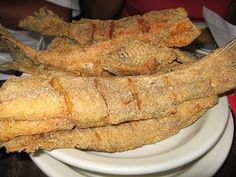 fried fish on a white plate with napkins