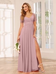 a woman in a long purple dress posing for the camera with her legs slited