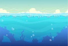 an underwater scene with blue water and clouds in the sky - miscellaneous objects illustrations on separate layers