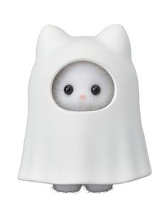 a white cat with black eyes and a cape around it's neck is shown in front of a white background