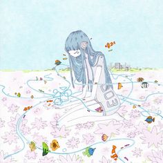 android girl kneels In a field of lotus flowers, surrounded by tropical fish, with a city in the background Superflat, Water Illustration, Line Illustration, Cool Art Drawings, Art Studies, Line Art Drawings, Student Art, Character Illustration