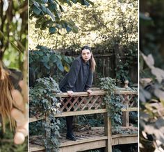 the woman is posing on the wooden bridge in the woods and looking at the camera