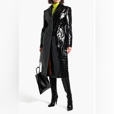 This Patent Leather Coat Just Elevates Any Outfit. Super Chic And On Point! It Has Been Never Worn. Comes With Dustbag! Designer Structured Evening Outerwear, Luxury Black Structured Outerwear, Luxury Structured Outerwear For Party, Alexander Wang Runway, Coat For Woman, Cropped Moto Jacket, Lambskin Jacket, Fur Leather Jacket, Ink Clothes