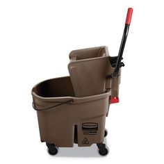 a brown mop bucket with a red handle and two black handles on the side