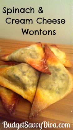 spinach and cream cheese wontons on a cutting board with text overlay