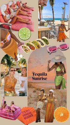 the collage has pictures of women in bikinis and sunhats on it