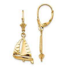 Set sail in high fashion with these gleaming three-dimensional sailboat earrings designed from 14k yellow gold. They are approximately 13mm (1/2 inch) in width by 30mm (1 1/8 inch) in length, which includes the lever-back ear wire. Horse Earrings, Gold Vinyl, Bow Jewelry, Yellow Earrings, Sell Gold, Leverback Earrings, Holiday Jewelry, Set Sail, Yellow Gold Earring