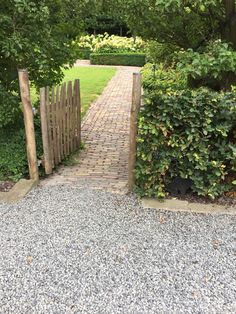 a wooden gate leading into a lush green garden with gravel and rocks on the ground