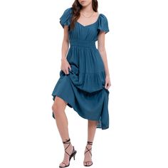 Introducing the August Sky Women's Flutter Sleeves Elasticized Waist Tiered Midi Dress, a perfect blend of comfort and style. Featuring a flattering V-neckline and elegant flutter sleeves, this dress offers a sophisticated yet effortless look. The elasticized waist enhances your silhouette, while the tiered skirt adds a touch of whimsy. Crafted from lightweight fabric and fully lined, it's perfect for any occasion. Embrace timeless elegance with this chic midi dress. Casual Flutter Sleeve Midi Dress For Brunch, Casual Midi Dress With Flutter Sleeves For Brunch, Spring Midi Dress With Flutter Sleeves In Solid Color, Casual Flutter Sleeve Midi Dress For Fall, Flutter Sleeve Midi Dress For Brunch, Solid Color Flowy Midi Dress With Flutter Sleeves, Solid Color Midi Dress With Flutter Sleeves For Brunch, Casual Ruched Midi Dress With Flutter Sleeves, Flowy Midi Dress In A Solid Color