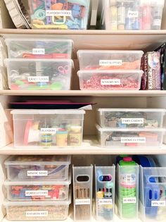 an organized closet with plastic bins and craft supplies