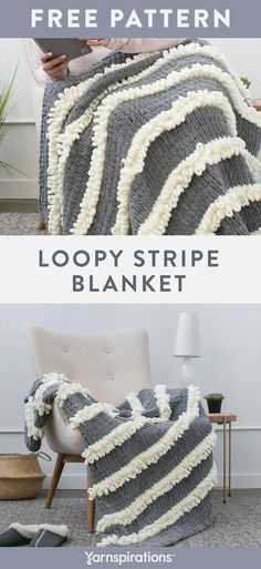 a woman sitting in a chair under a blanket with the words loopy stripe blanket on it