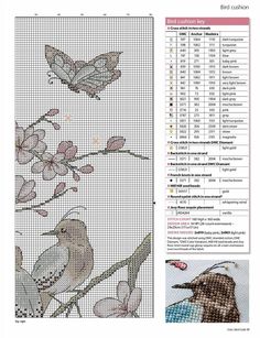 a cross stitch pattern with birds and flowers on the left side, and an image of a