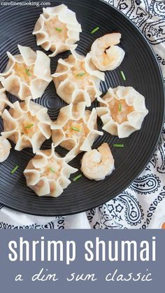 shrimp and dumplings on a black plate with text overlay that says shrimp shuami