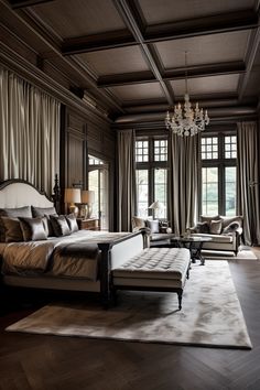 Rich Master Bedrooms Decor, Old Money Bedroom Aesthetic Dark, Mansion Bedroom Luxury Master Suite, Trey Ceiling Bedroom Master Suite, Royal Luxury Bedroom Design, Bedroom Inspirations Modern, Bedroom Luxurious, Mansion Bedroom, Bedroom With Balcony