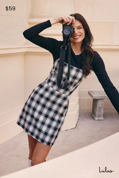 You'll always cherish the days you spend in the Lulus Sweetest Memory Black Plaid Lace-Up Mini Dress With Pockets! This sturdy, woven mini dress has an allover brown and black plaid pattern across its straight neckline, A-line silhouette, and long straps that lace up and tie at back. Diagonal front pockets. Hidden back zipper/clasp. Fit: This garment fits true to size. Length: Mid-thigh. Size medium measures 28" from shoulder to hem. Bust: Great for any cup size. Waist: Fitted - very fitted at natural waist. Hip: Loosely Fitted. Undergarments: May be worn with an adhesive bra, petals, or no bra. Fabric: Fabric has no stretch. Fully lined. Shell: 80% Polyester, 17% Rayon, 3% Spandex. Pocket Lining: 100% Polyester. Hand Wash Cold. Do Not Bleach. Hang To Dry. Imported. Lulus | Sweetest Memory Plaid Dress Outfit, Early Fall Fashion, Chic Style Inspiration, Thanksgiving Outfit Ideas, Cute Thanksgiving Outfits, Thanksgiving Outfit Women, Chic Fall Outfits, Flannel Dress, Fall Transition