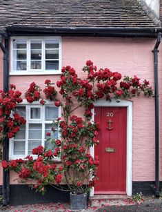 a pink house with red flowers growing on it's side and a red door