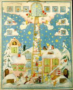 an old fashioned christmas card with angels and snowmen on the top of a ladder