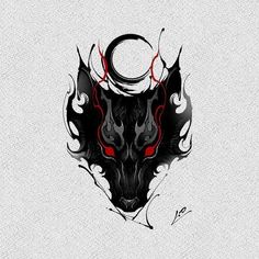 a black wolf with red eyes and flames on it's head, in the shape of a crescent