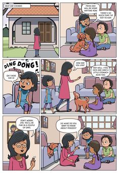 a comic strip with an image of two women and a dog talking to each other