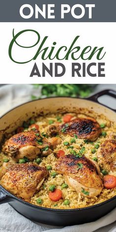 one pot chicken and rice recipe in a skillet with text overlay that reads, one pot chicken and rice