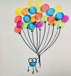 a drawing of a blue bird holding up many multicolored balloons in the air