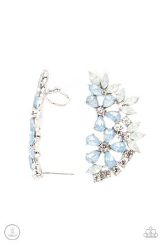 Featuring a milky opalescence, white marquise and Cerulean teardrop rhinestones coalesce into a sparkly floral centerpiece that flawlessly climbs the ear. Earring attaches to a standard post fitting. Features a dainty cuff attached to the top for a secure fit. Sold as one pair of ear crawlers. Crawler Earrings, Ear Crawler, Ear Crawler Earrings, Ear Crawlers, Crawlers Earrings, Floral Centerpiece, Bracelet Display, Earring Display, Paparazzi Accessories