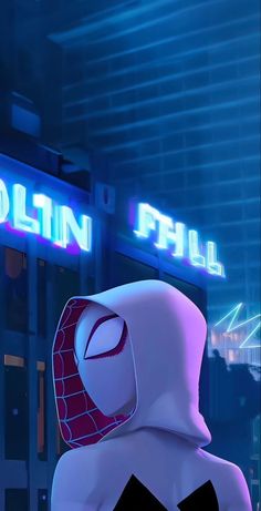 an animated spider - man stands in front of a building with the word collin hill on it