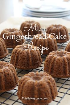 mini gingerbread cake recipe on a cooling rack with plates in the background and text overlay