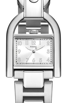 An instant classic, this simple yet clever bracelet watch features a rectangular case with the crown set at the top and a horseshoe-shaped bezel. 28mm case; 20mm band width Quartz movement Mineral crystal face Stainless steel Imported Fossil Watch Instruction Manual Classic Rectangular Watch Accessories, Classic Rectangular Stainless Steel Watch Accessories, Classic Silver Rectangular Watch Accessories, Fossil Watch, Instruction Manual, Minerals Crystals, The Crown, Silver Watch, Quartz Movement