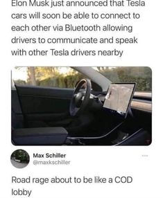 an image of the inside of a car with text that reads, elon musk just introduced that tesla cars will soon be able to connect to each other via bluetooth and