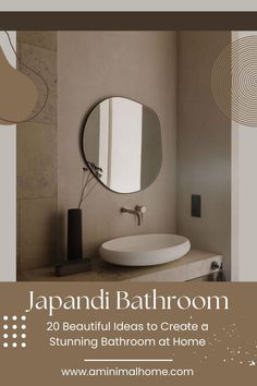 a bathroom with a round mirror above it and the words, japan bathroom 20 beautiful ideas to create a stunning bathroom at home