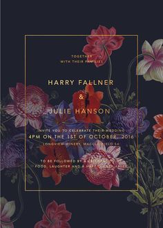 a floral wedding card with the words harry falliner and julia hanson